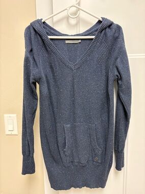 Prana Navy Speckled V-Neck Hooded Sweater